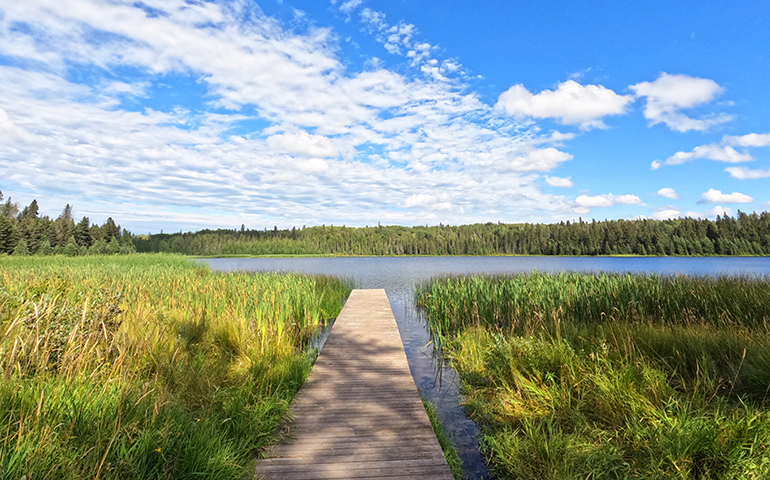 Manitoba Canada view of lake with boardwalk pier, grasses and white clouds in sky