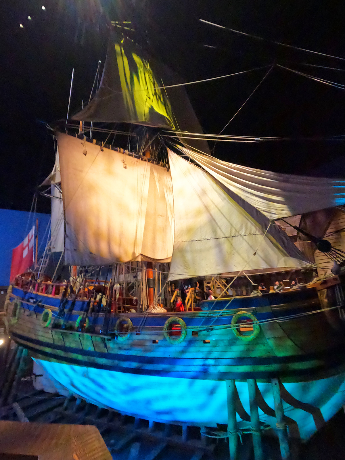 things to do in winnipeg view of pirate ship lit up inside manitoba museum