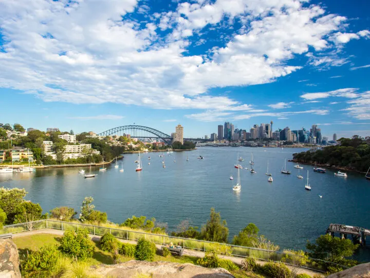 Sydney skyline view of harbor bridge and buildings in distance with blue sky one of the best countries to visit in January