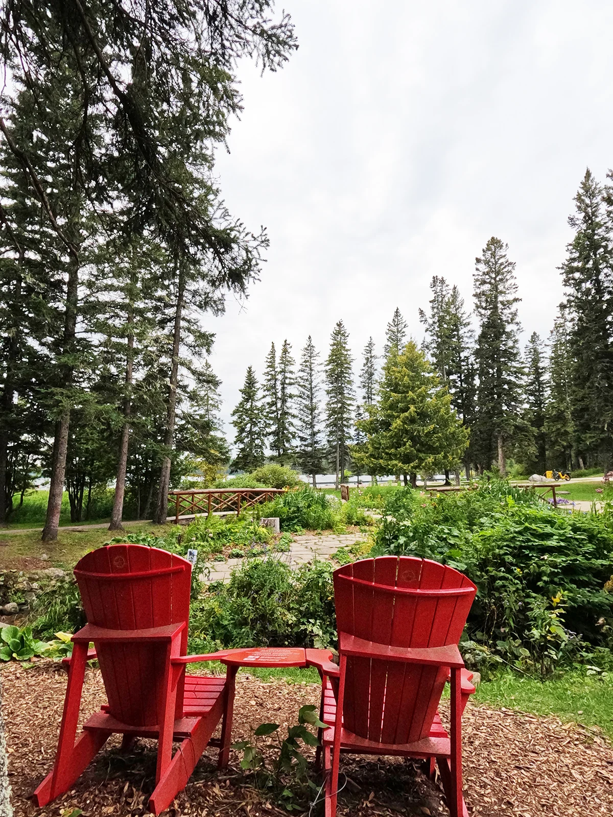 red chairs overlooking garden with tall trees