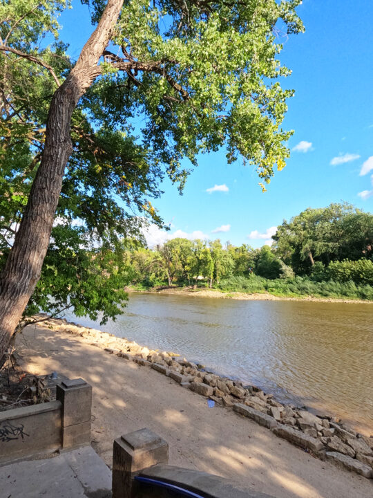 riverwalk winnipeg view of gravel path with river and trees