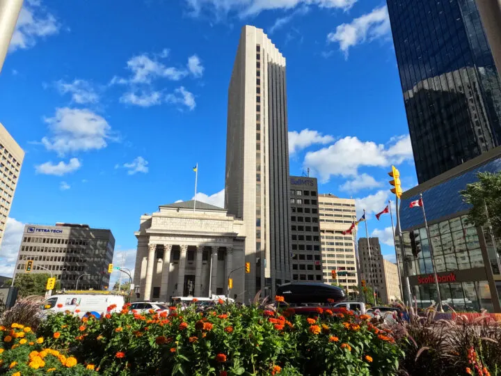 view of downtown winnipeg flowers and city buildings with blue sky