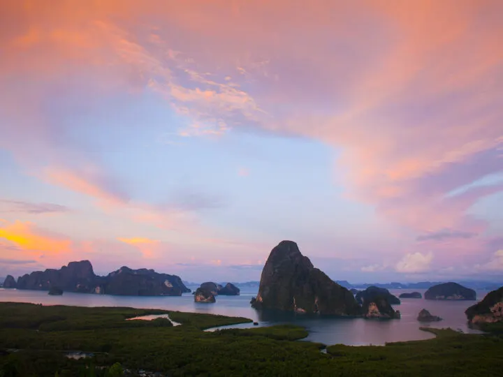 Khao Lak Phang Nga Thailand viewpoing looking over the sea at sunset pink sky