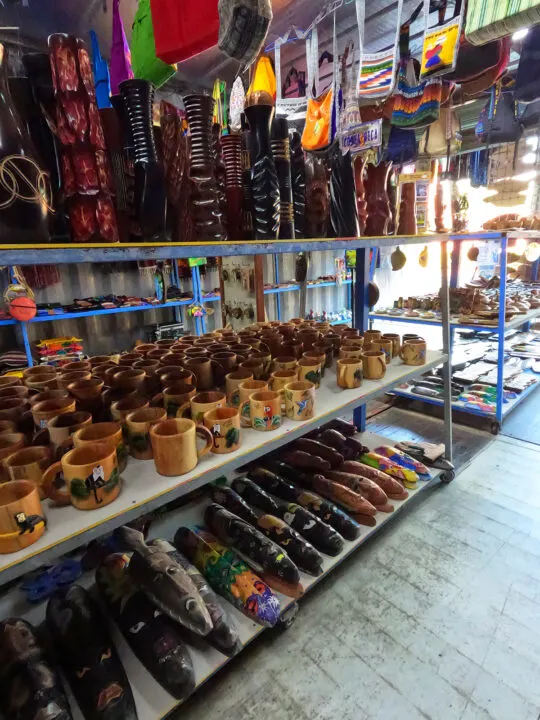 shop in Manuel Antonio Puntarenas view of cups and wood carvings on shelves