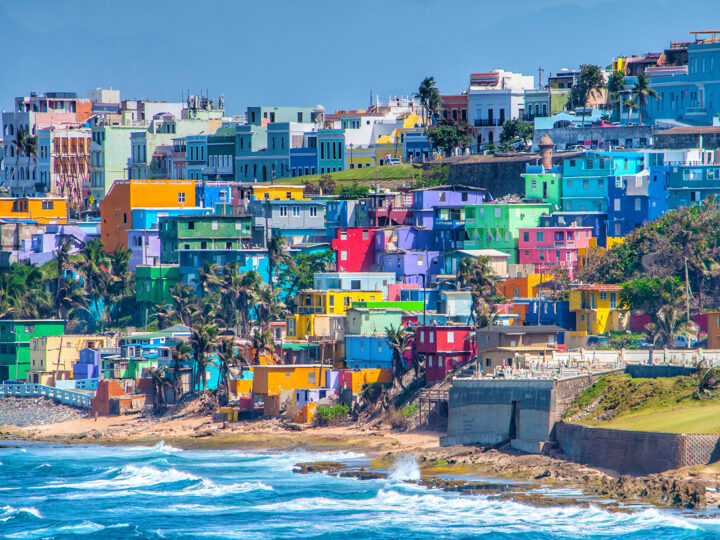 Puerto Rico village vibrant buildings along seashore