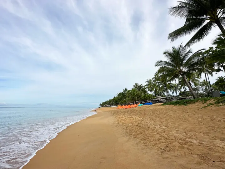 phang nga thailand view of khao lak beach tan sand waves and palm trees