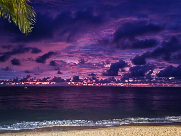 phang nga thailand sunset purple clouds and ocean with beach