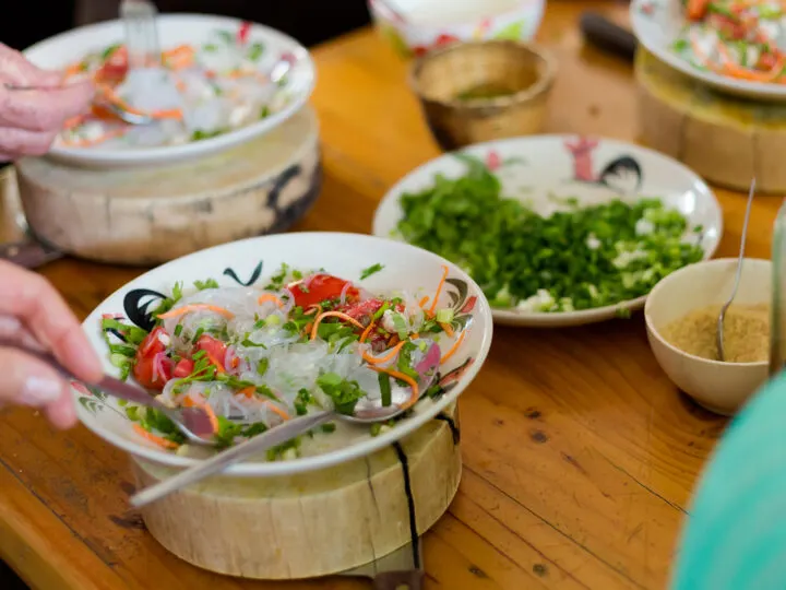 Thai cooking class view of bowls with various Thai foods