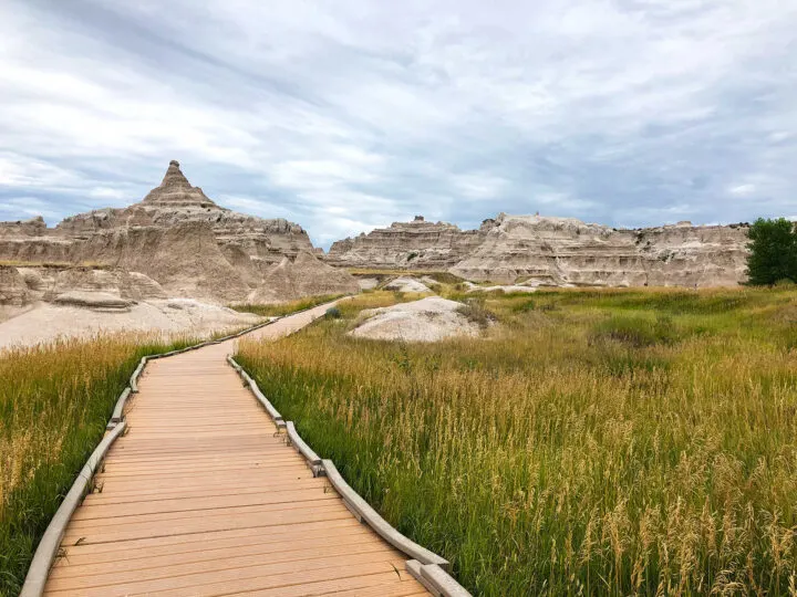 badlands national park walking trail through tall grasses and rocky cliffs in distance one of the best spring break destination for families 