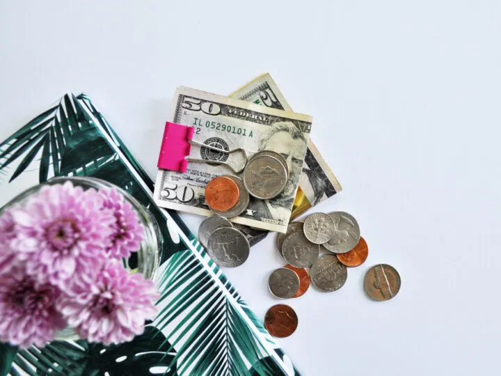 photo of money with cash change flowers and notebook