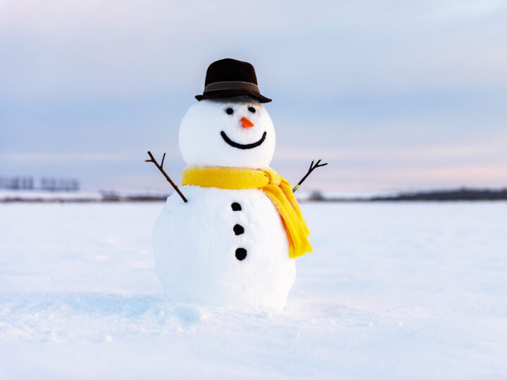 free things to do in winter photo of snowman with yellow scarf twig arms and wearing brown hat