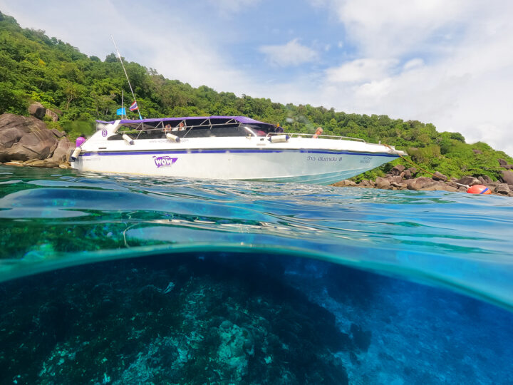 similan islands tour boat view of water and white boat purple top