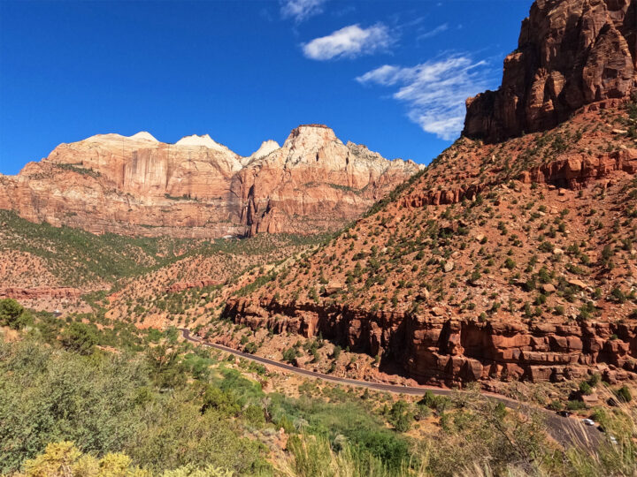 Zion National park utah view of large canyon with road through it