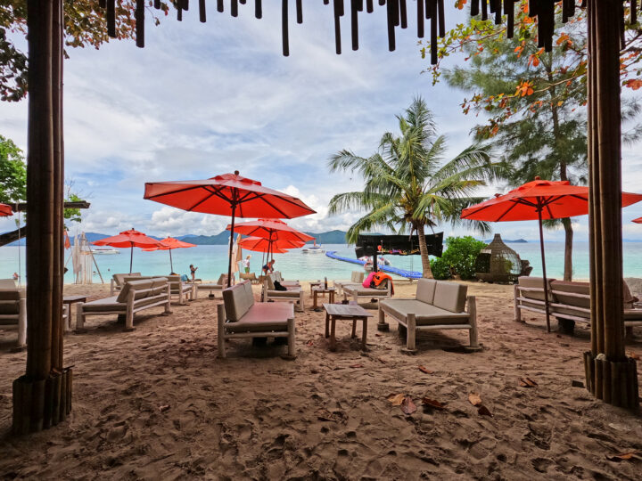 coral island in thailand view of lounge chairs and umbrellas with beach in distance