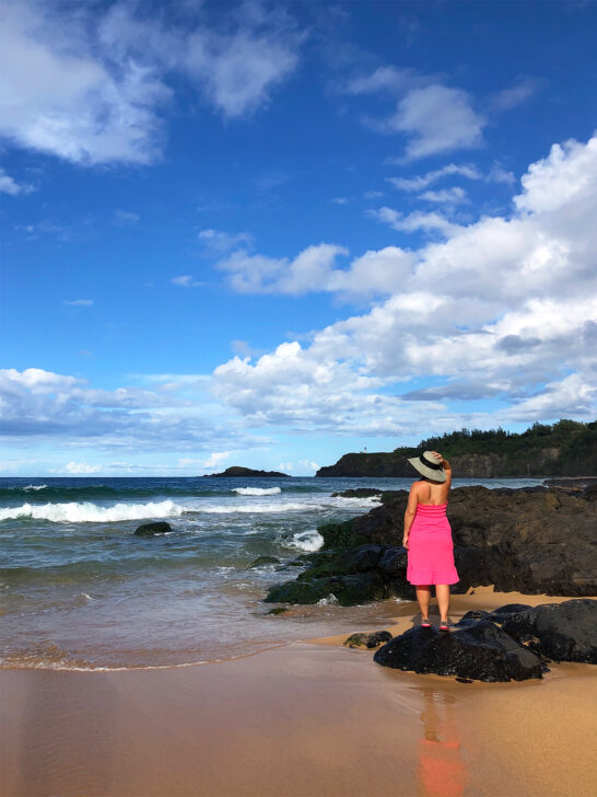 woman standing on rock at beach with pink dress with ocean in distance