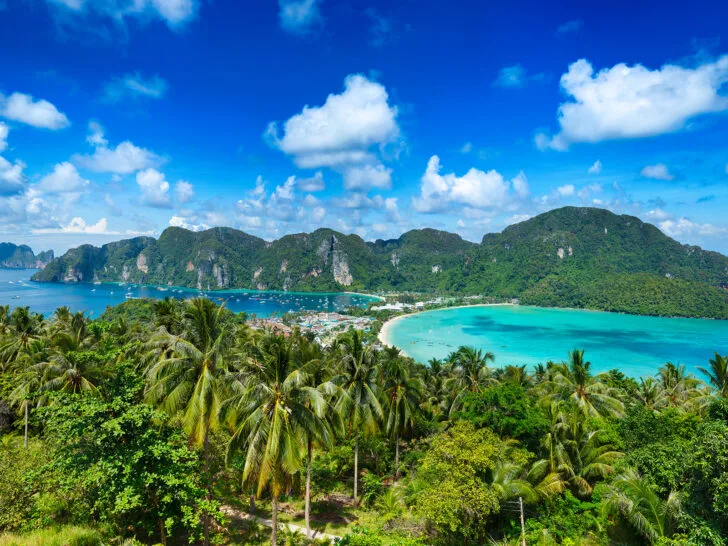 Phi Phi Island activities view of two crescent shaped beaches with hilly shoreline in distance