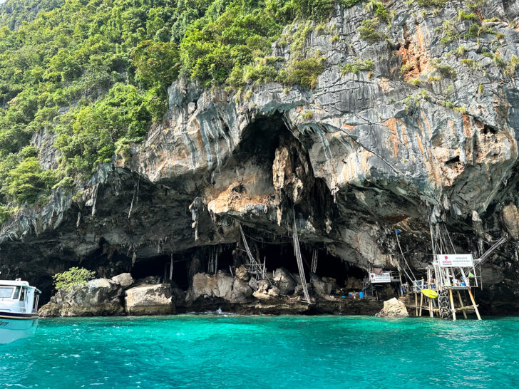 viking cave on phi phi islands tour with bamboo ladders going into cave and ocean