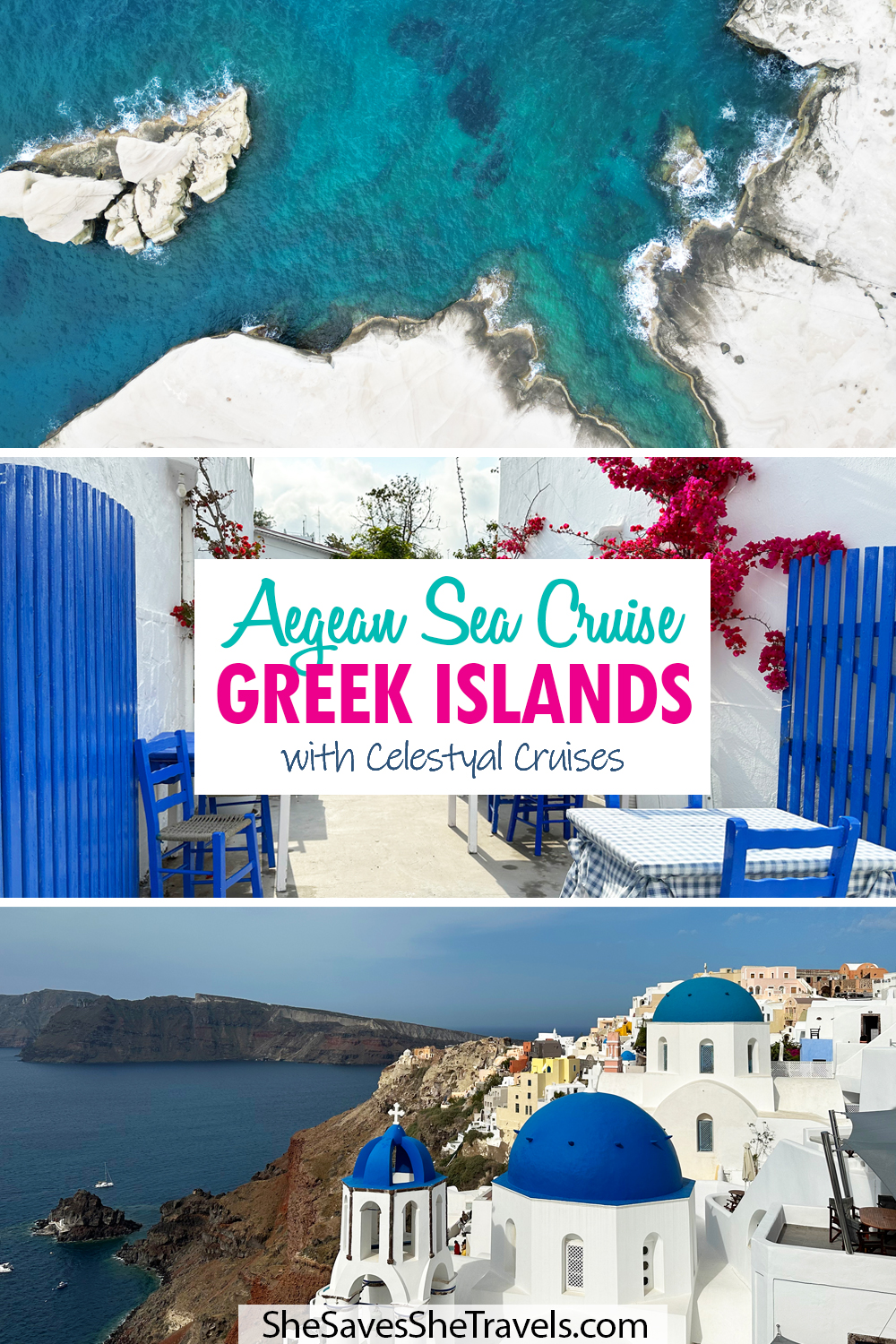 Aegean Sea cruise greek islands with celestyal cruises with three photos of beach cafe and Santorini city