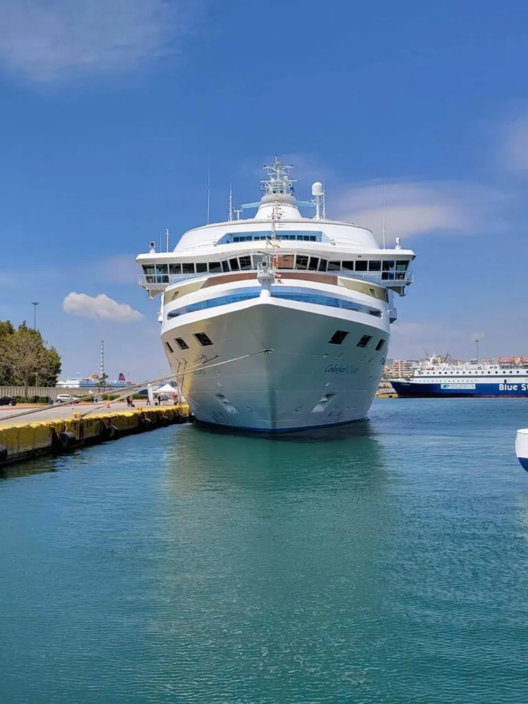 where is the Aegean Sea view of ship on sea in Athens Greece white cruise ship at port