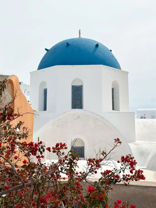 flowers with white church blue dome Santorini greece