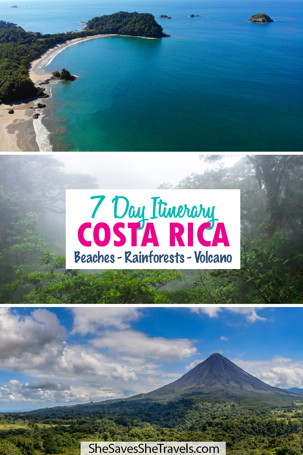 7 day itinerary Costa Rica beaches-rainforests-volcano with view of beach and blue water cloud forest and volcano