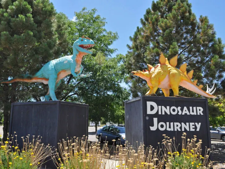 two dinosaurs on large boxes with sign that reads dinosaur journey