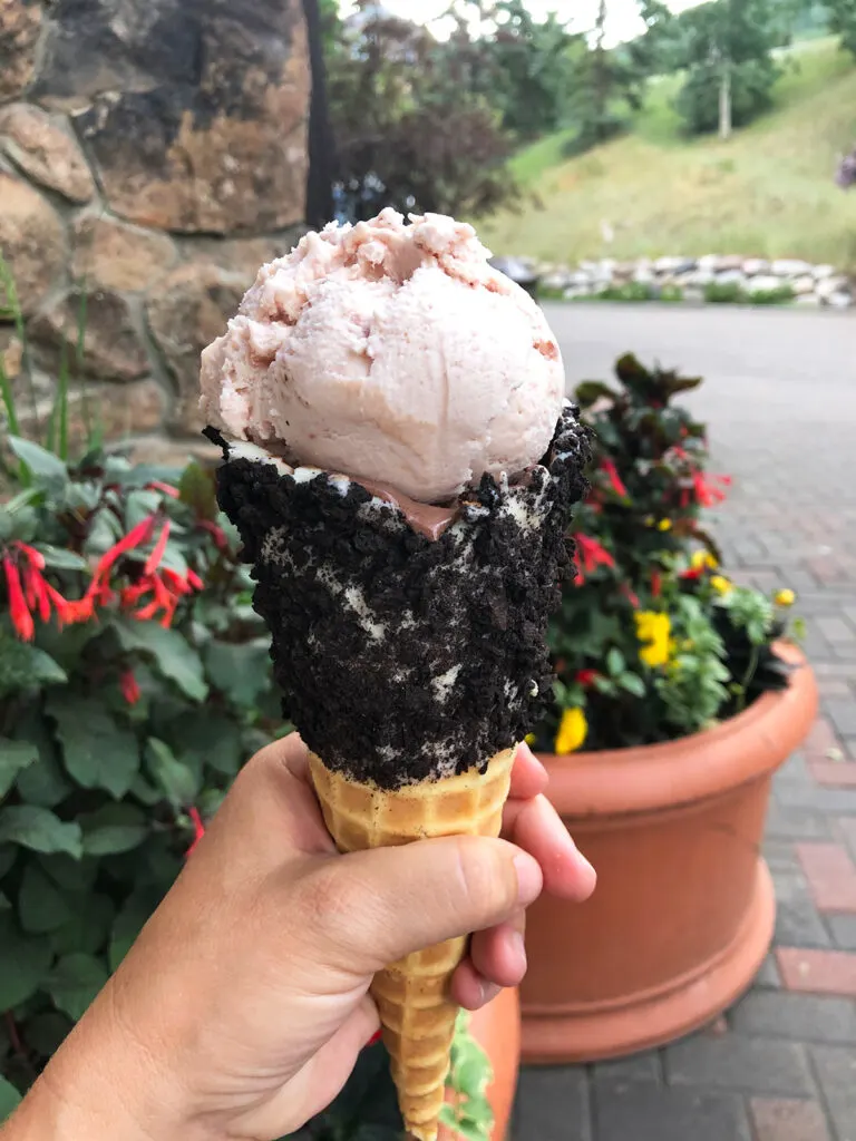 hand holding strawberry ice cream cone in vail