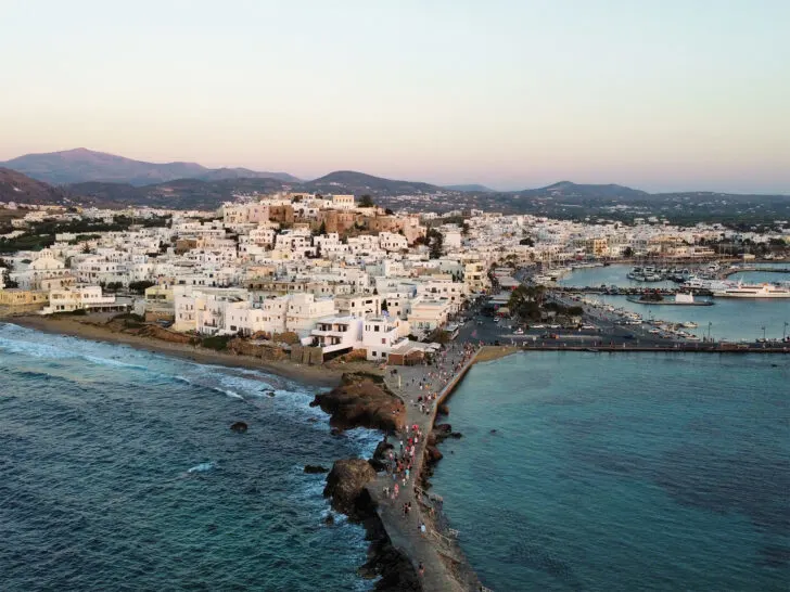 Naxos Greece view of white buildings along seashore from above