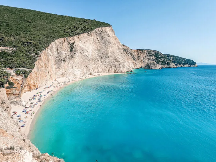 Porto Katsiki in Lefkada view of large beach and cliffside with vivid blue water