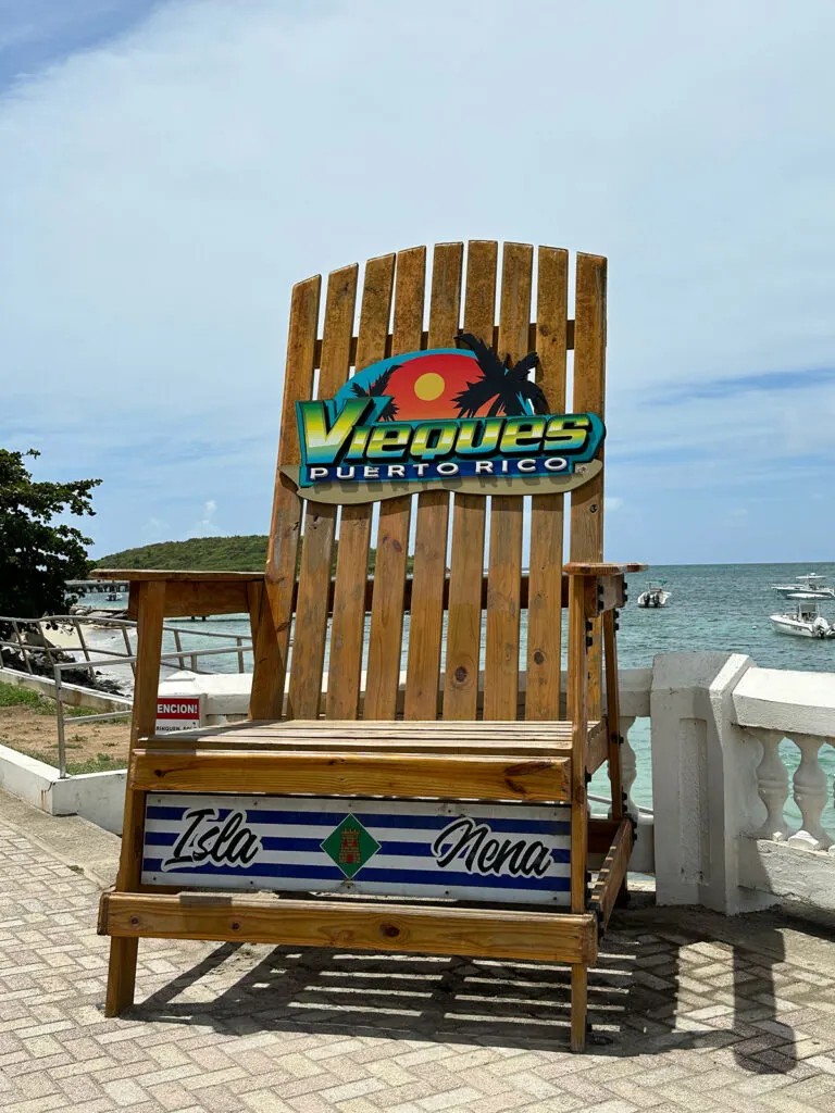 oversized chair near beach that says vieques Puerto Rico Isla Nena