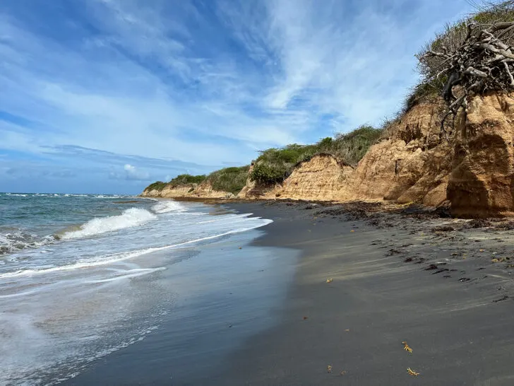 Black Sand Beach Vieques view of black sand white wave tan hillside on sunny day