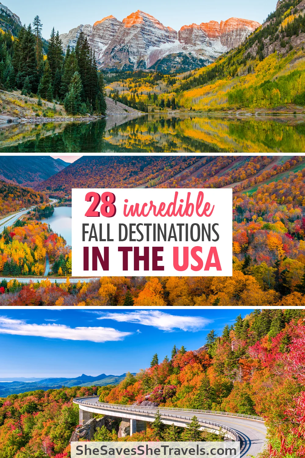 28 incredible fall destinations in the USA with three images of mountains and fall foliage