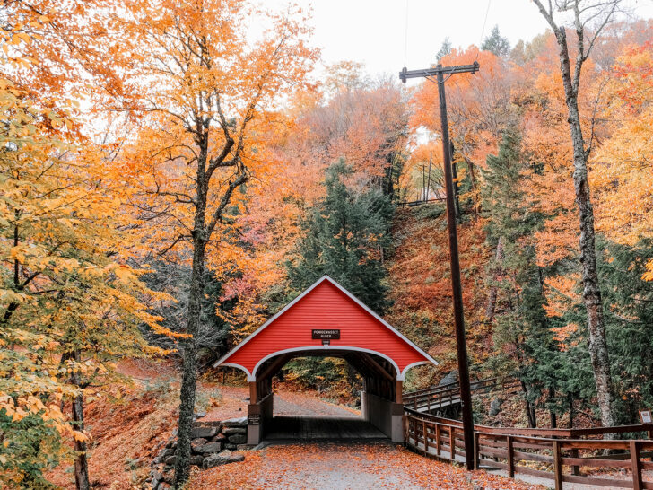 best 40th birthday trips view of covered bridge with bright orange trees in New England USA