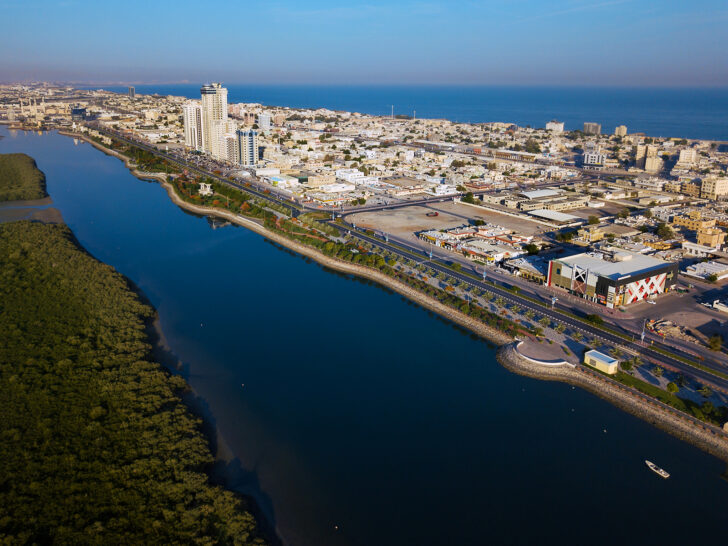 river with mangroves and city along sea aerial view in UAE