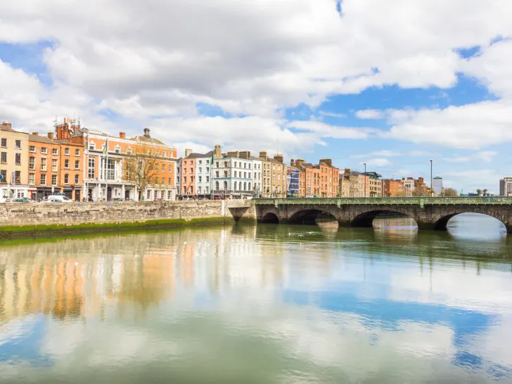 view of Dublin Ireland waterfront with bridge and city buildings