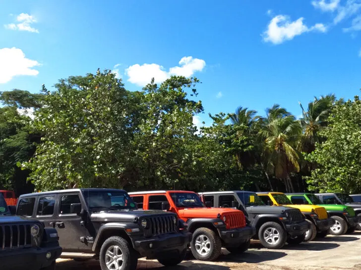 multicolored jeeps on sand with trees vieques or culebra