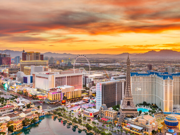 best places in US to visit in October - Las Vegas strip with tall buildings at sunset