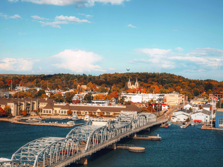 door county WI with bridge town and brightly colored trees