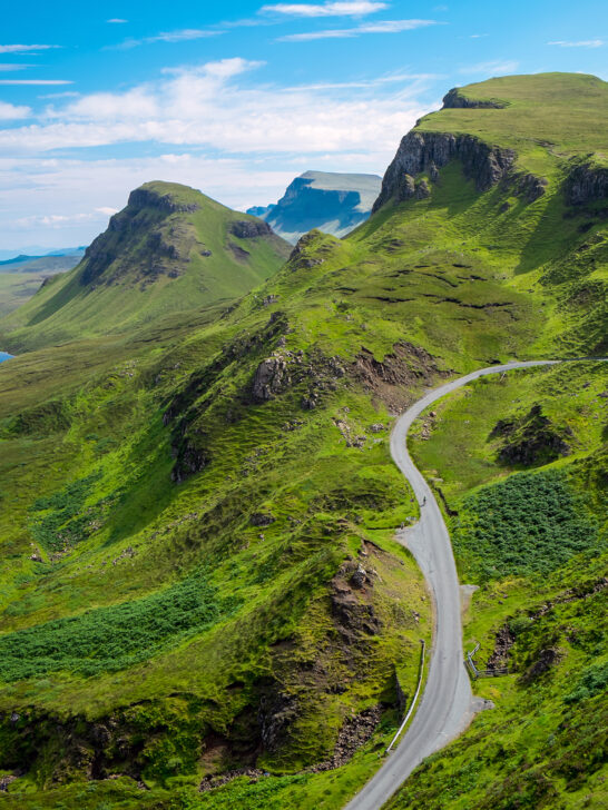 isle of sky in Scotland view of road through green mountain