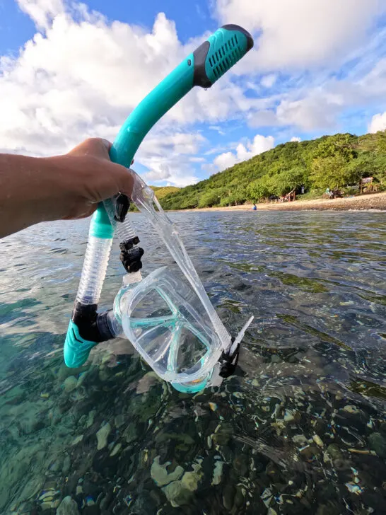 snorkeling gear and beach with land in distance