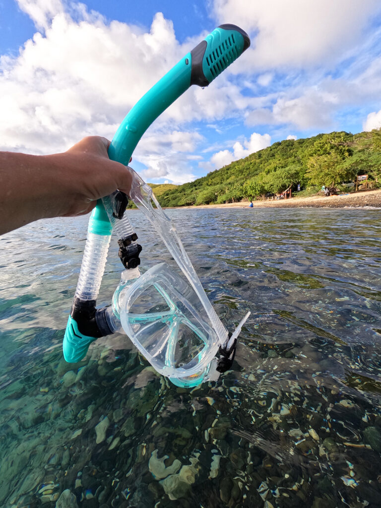 snorkeling gear and beach with land in distance