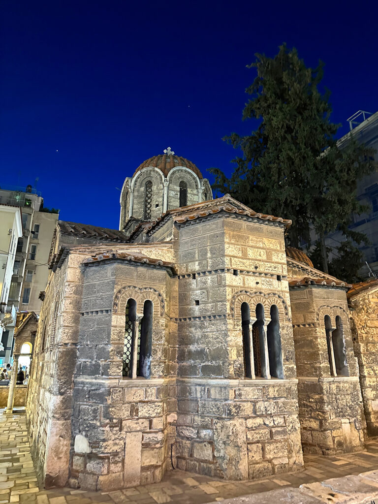 2 days in Athens view of old church with windows and stone at night