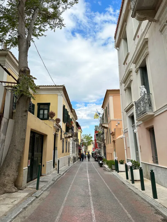 city street with buildings tree and stone