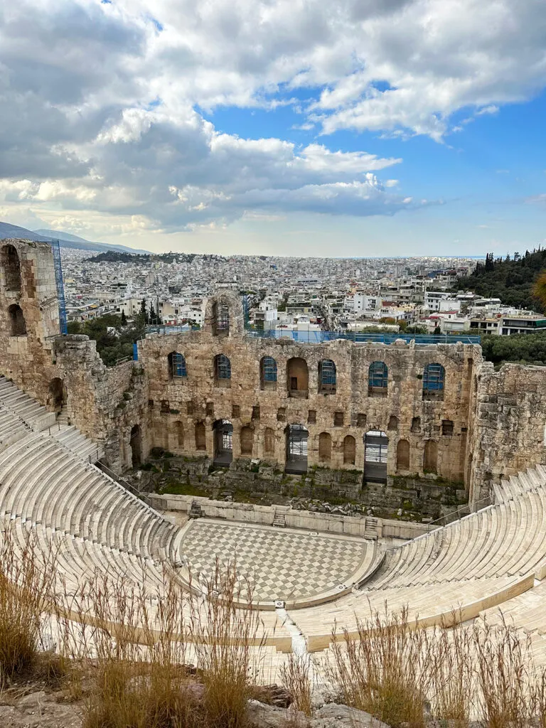 stadium from above with city in distance at the acropolis two weeks greece itinerary