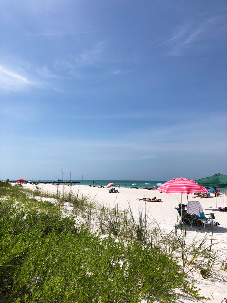 what to do in Anna Maria island view of beach with sun umbrellas and blue sky
