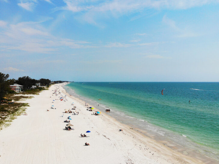 Anna Maria island things to do view of beach with umbrellas and people sitting with ocean