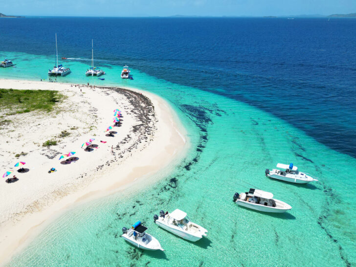 Icacos Island Puerto Rico view of beautiful Caribbean island with boat on teal water white sand