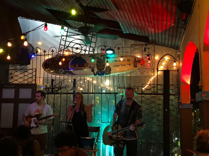 three musicians and lights in bar at night