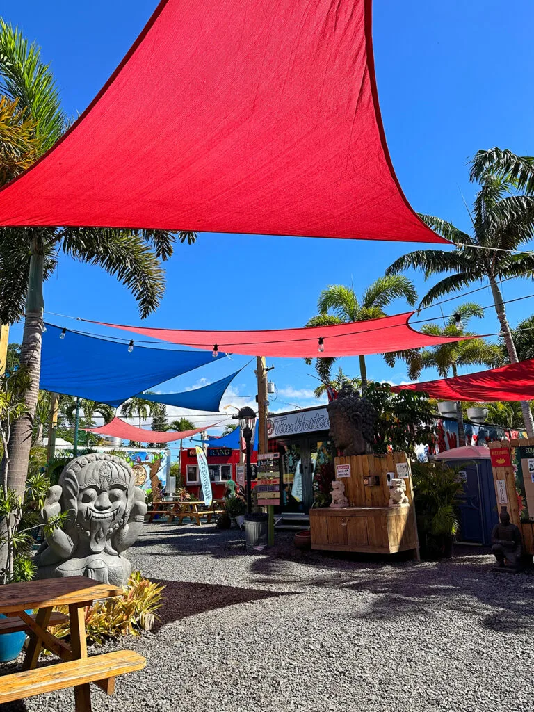 Kihei things to do view of food truck park with shades above