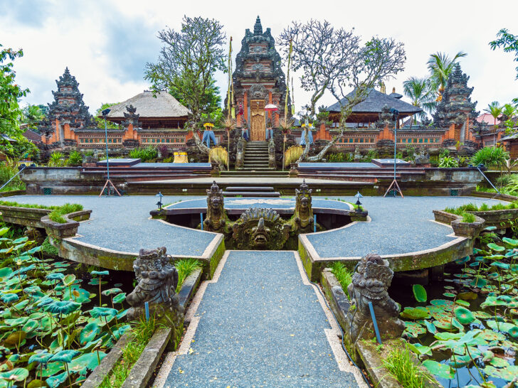 ancient temple with lilly pads and stone walkway in Bali Indonesia best countries to visit in February 